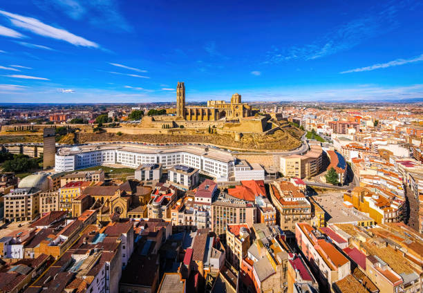 Aerial view of a Gothic-Romanesque cathedral in Lleida, an ancient city in Spain's northeastern Catalonia region