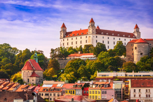 Bratislava, Slovakia - 18th October 2023. Aerial rooftop view of the Castle, from the old town square.